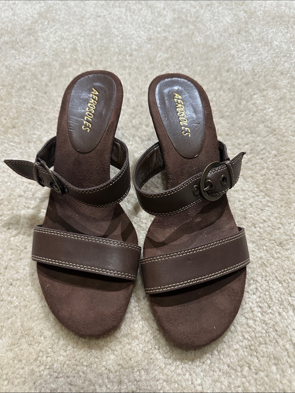 AEROSOLES Dark Brown Leather Two-Strap Buckle Slide Mules